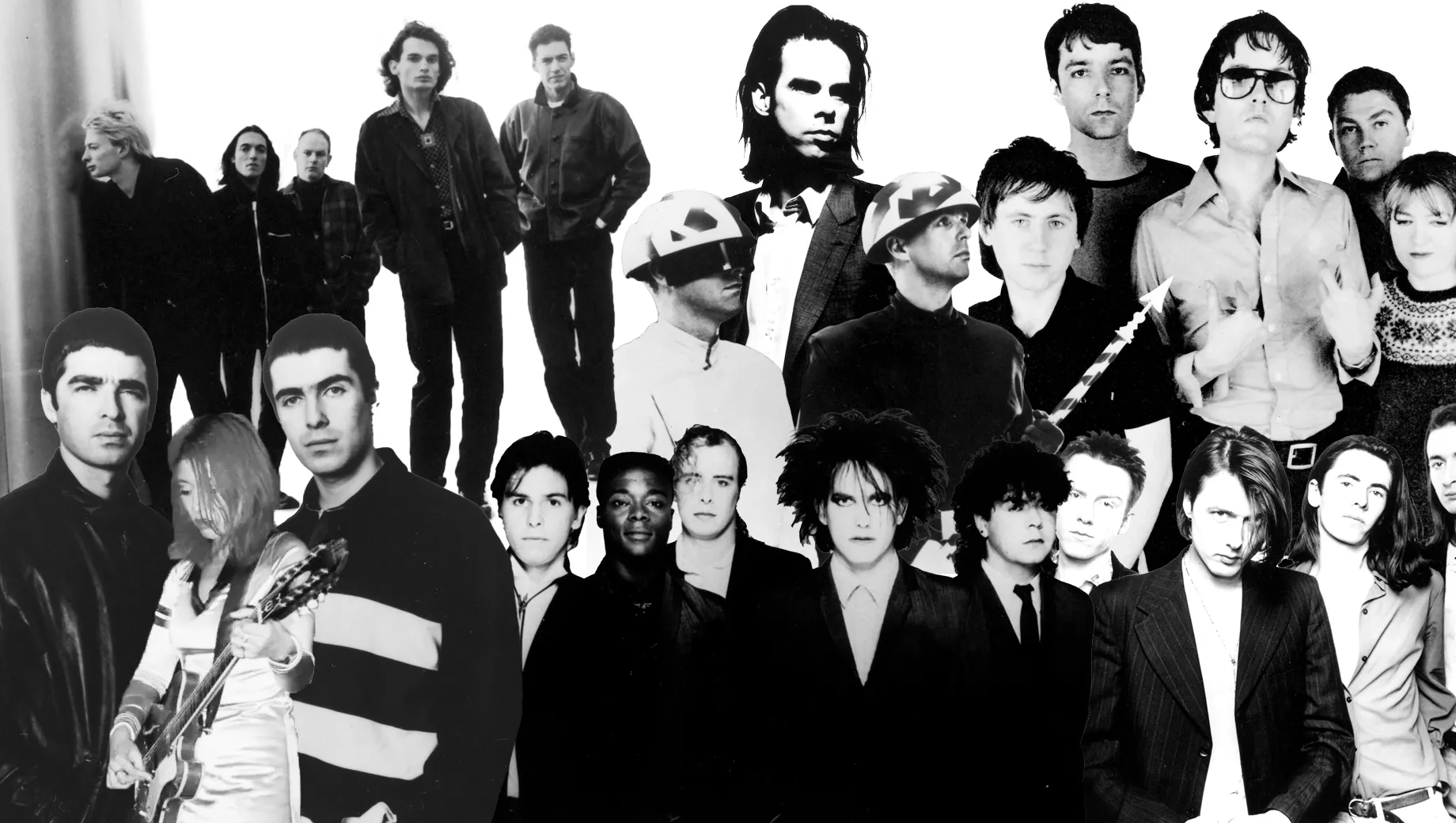 Foto: Steve Double – Oasis / Xeper (Wikimedia Comms) – Miki Berenyi (Lush) / Pressfoto – Nick Cave / Jill Furmanovsky – Pet Shop Boys / Chris Nash – Radiohead / Pressfoto – The Cure / Danny Clinch – Suede / Tom Sheehan – Pulp