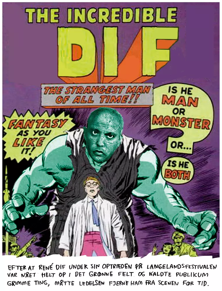 Se satiretegninger om René Dif som monster og Kim Larsens rygerkorstog