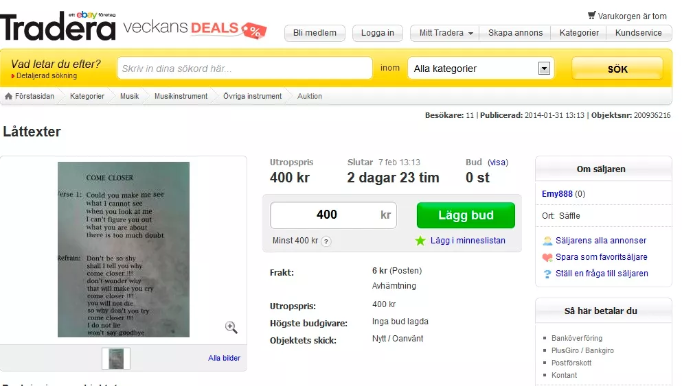 Säljer 2000 låttexter