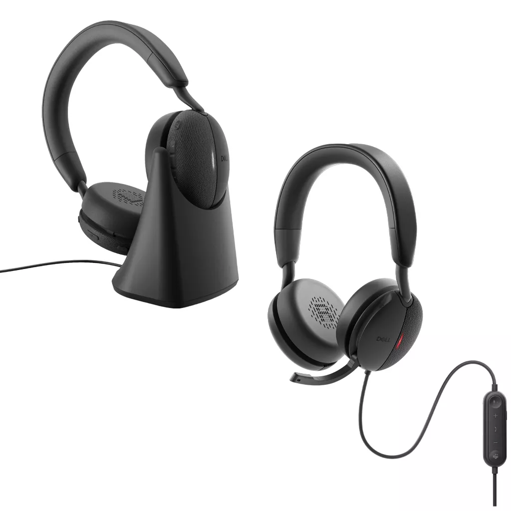 De to nye headsets fra Dell. Til venstre det trådløse og til højre det kablede