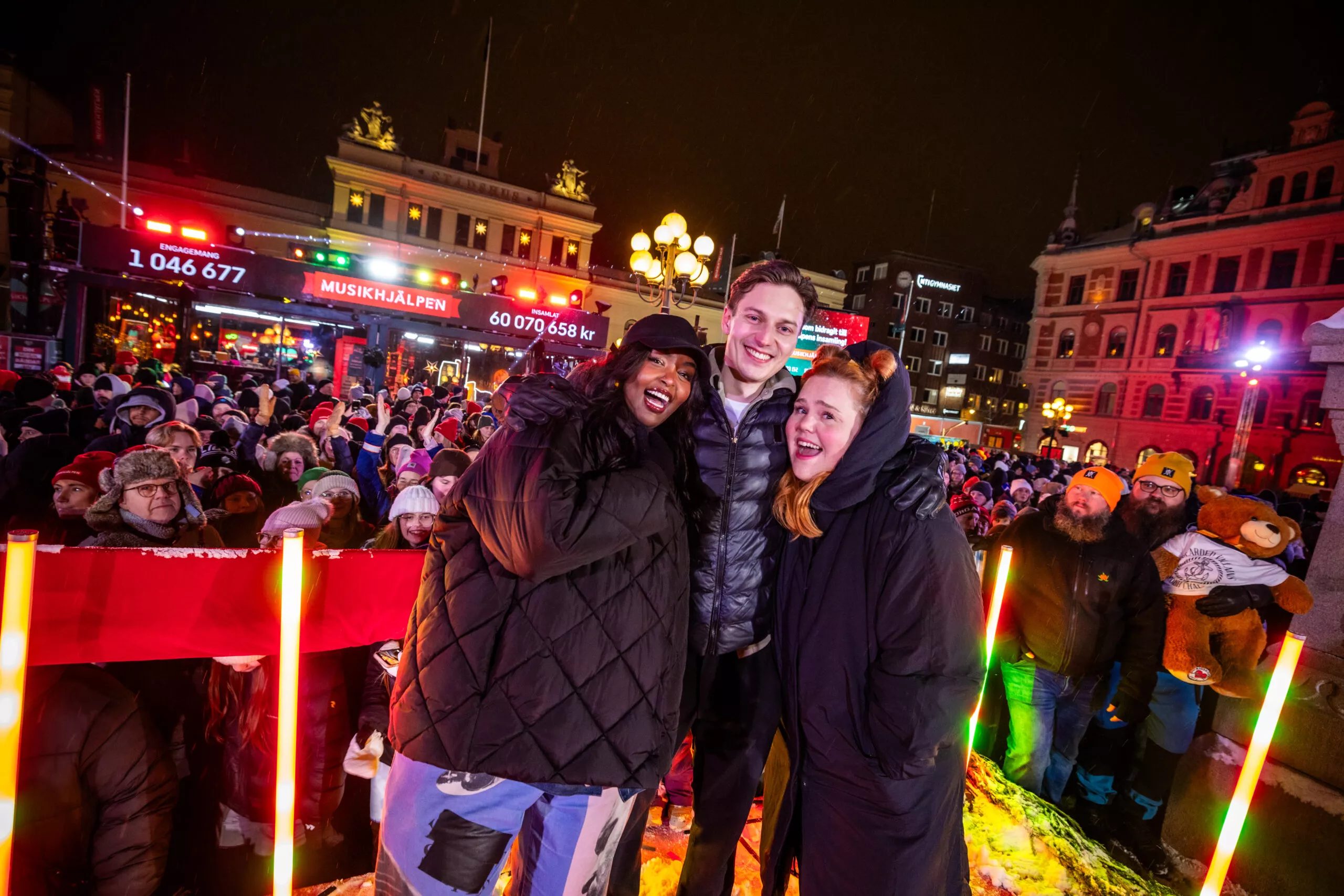 Assia Dahir, Emil Hansius och Linnea Wikblad var programledare för Musikhjälpen 2024 i Sundsvall.