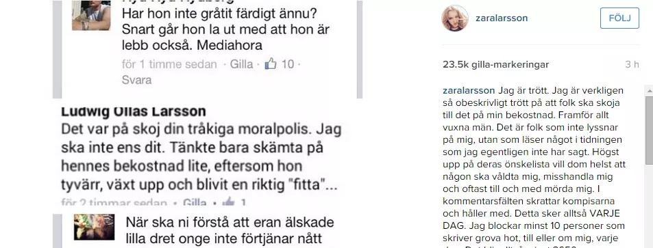 Zara Larsson har fått nog av hatet – läs hennes brandtal