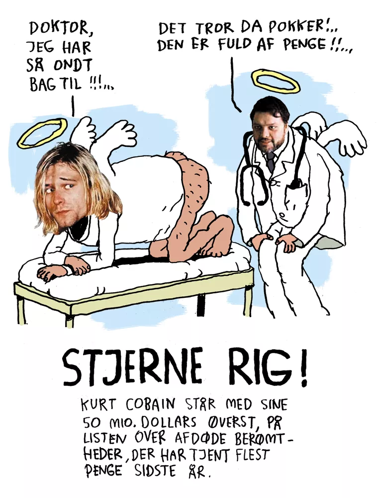 Fra arkivet: Se satiretegninger om Cobains penge, rygeloven med mere